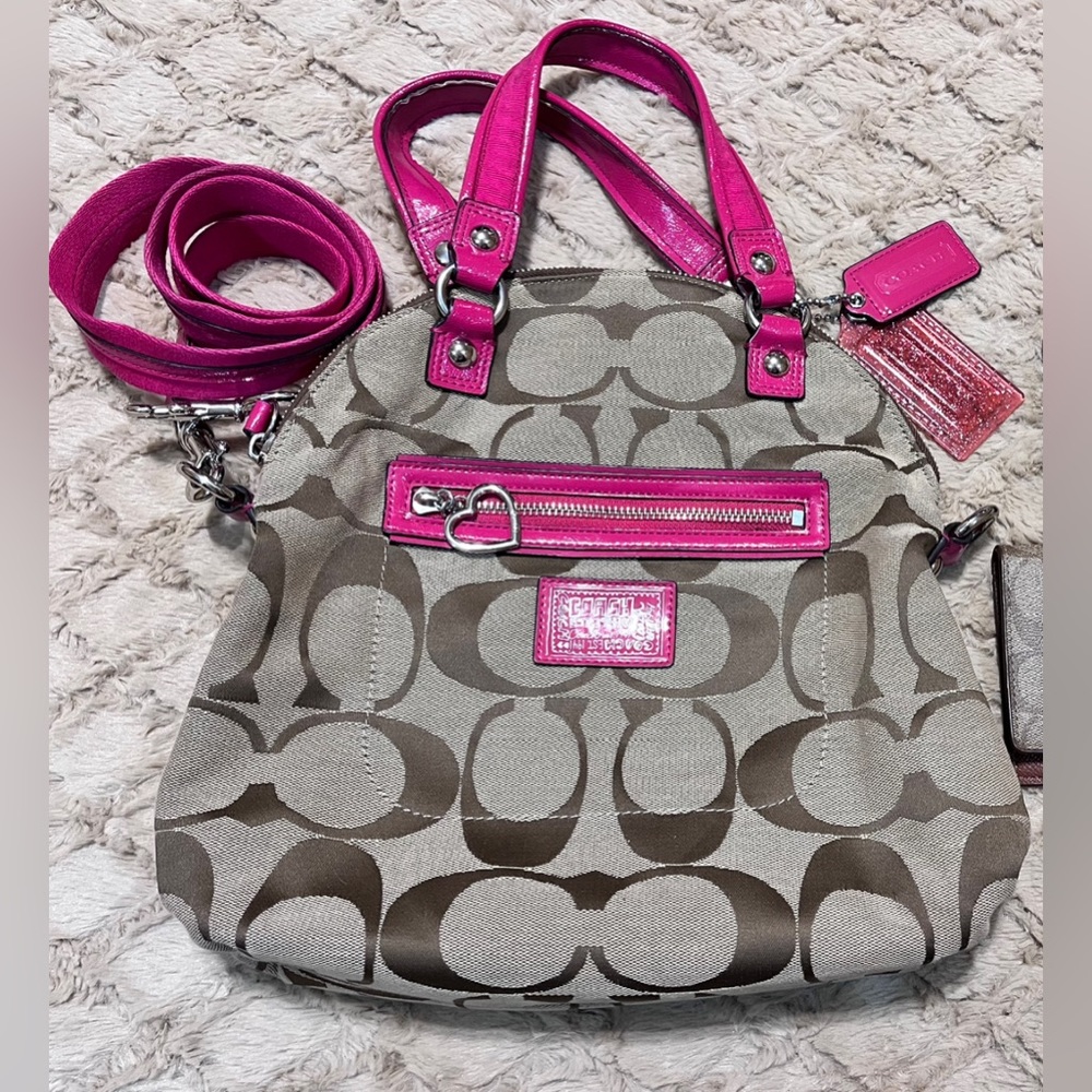 Coach 22941 Daisy Signature Fold Over Crossbody Purse Khaki/Pink with Wallet